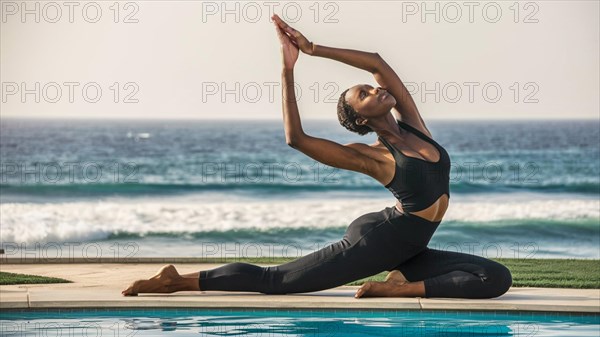 Fit african Woman performing yoga beside a pool with the ocean in the background, AI generated