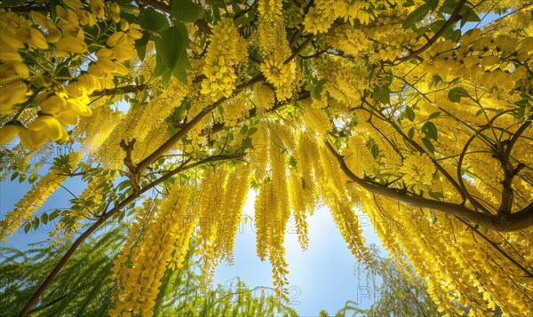 Laburnum blossoms forming a canopy of golden flowers AI generated