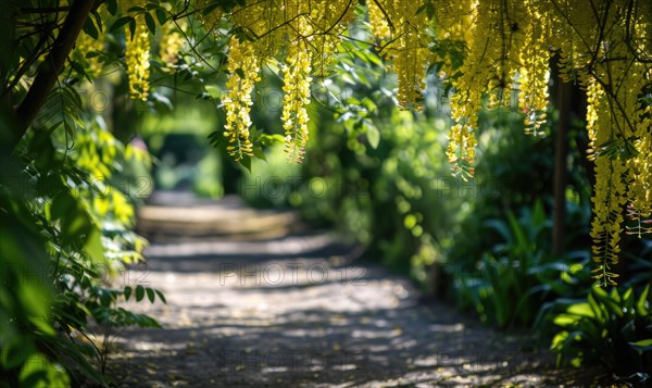 Laburnum flowers casting dappled shadows on a garden path AI generated