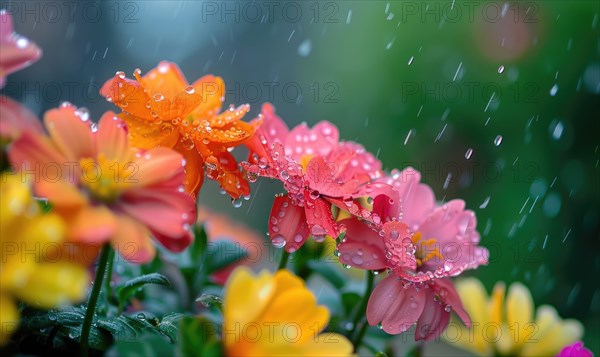 Raindrops falling on colorful spring flowers in a garden AI generated