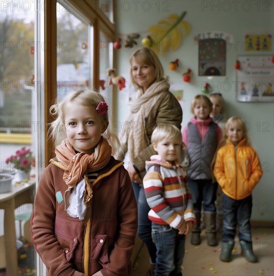 A group of children with an educator, ready for an excursion, KI generated, AI generated