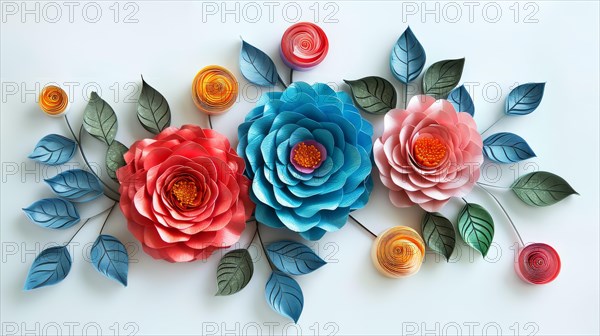 A vibrant paper craft display of a large blue flower and red roses with teal leaves on white, ai generated, AI generated
