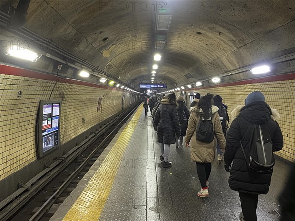Pendler warten in einem U-Bahn-Tunnel auf die Ankunft des Zuges, Lifestyle in Paris, Frankreich, AI generiert, AI generated