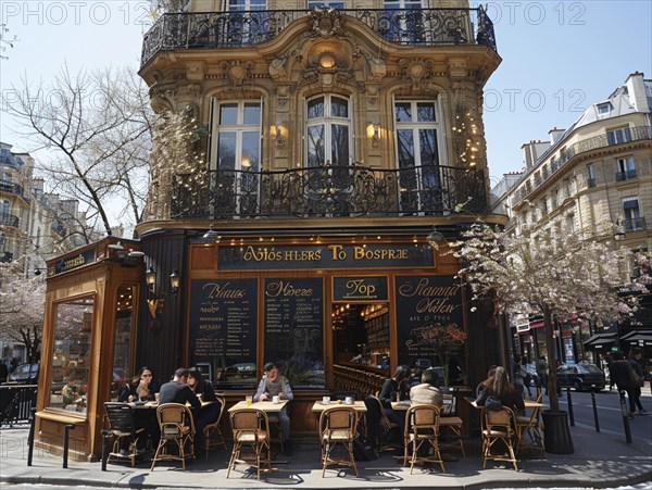 Menschen geniessen die Sonne in einem typischen Pariser Cafe an der Ecke einer Strasse, Lifestyle in Paris, Frankreich, AI generiert, AI generated