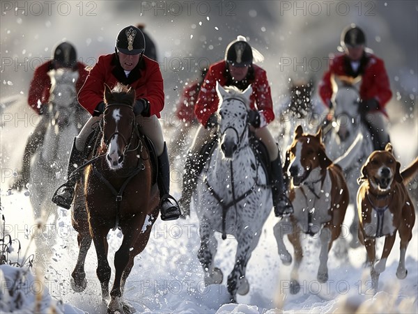 Traditional fox hunting with traditional clothing in England on horseback with dogs over hill and dale, AI generated