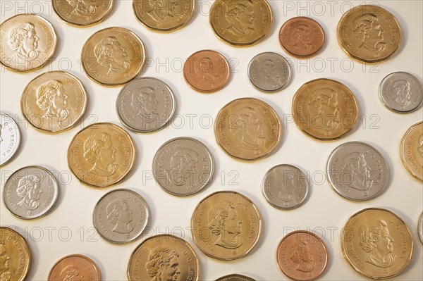Portrait of Queen Elizabeth II on Canadian one dollar, twenty five, ten, five and one cent coins on white background, Studio Composition, Quebec, Canada, North America
