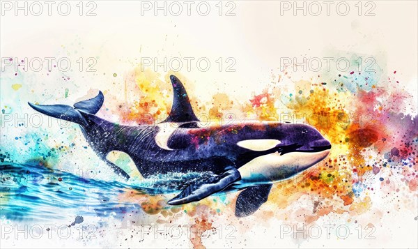 A watercolor depiction of an orca whale breaching the surface against a backdrop of vibrant ocean hues AI generated