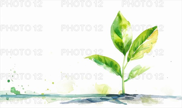 Watercolor illustration of a young tree sprout with bright green leaves AI generated