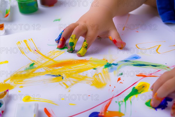 Children's hands with finger paint, promotion of fine motor skills, sensory skills, creativity, AI generated, AI generated, AI generated