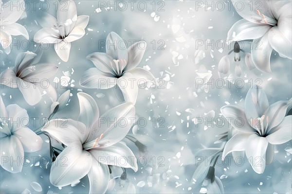Serene image of white lilies with soft bokeh on a pastel blue background, illustration, AI generated