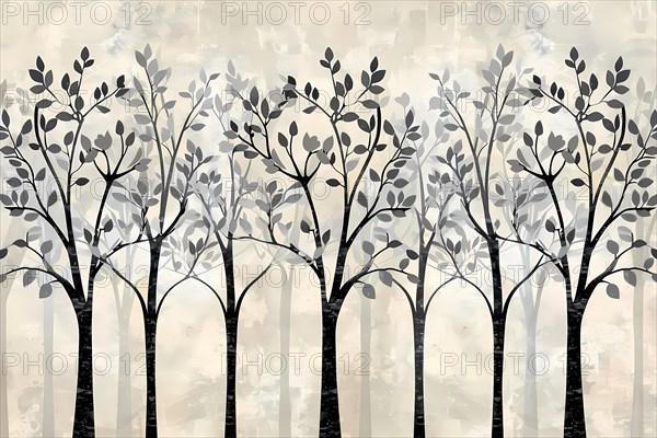 Decorative botanical illustration of symmetrical trees on a beige background, illustration, AI generated