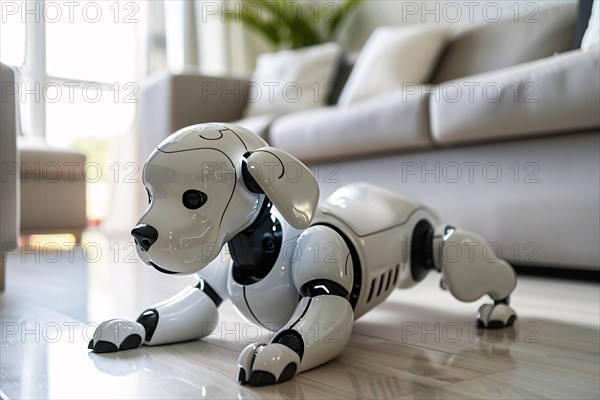Cute robotic dog on livingr oom floor. KI generiert, generiert, AI generated