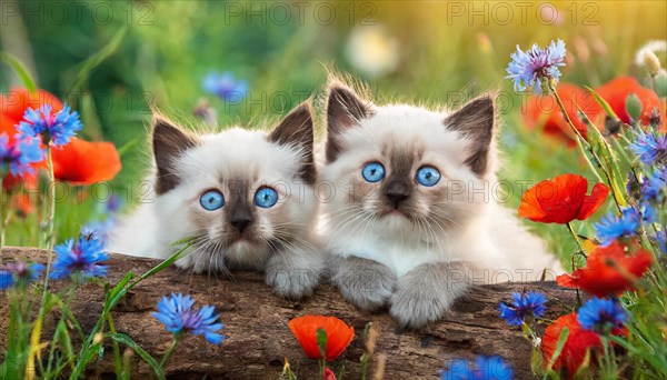 KI generated, animal, animals, mammal, mammals, cat, felidae (Felis catus), two kittens lying in a green meadow with flowers