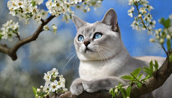 AI generated, animal, animals, mammal, mammals, cat, felidae (Felis catus), a cat resting on a tree, tree blossom, spring, summer