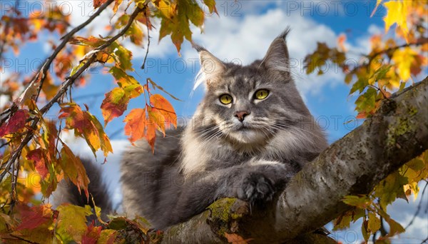 AI generated, animal, animals, mammal, mammals, cat, felidae (Felis catus), American Forest Cat, resting in a tree, autumn, autumn leaves