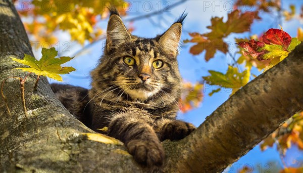 AI generated, animal, animals, mammal, mammals, cat, felidae (Felis catus), a colourful American Forest Cat, resting in a tree, autumn, autumn leaves