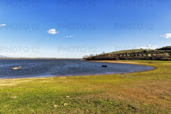 Shore with fishing boats at Lake Kerkini, Lake Kerkini, Central Macedonia, Greece, Europe