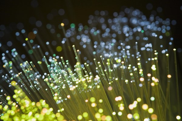 Close-up of yellow, blue and green lighted fiber optic cables, Studio Composition, Quebec, Canada, North America