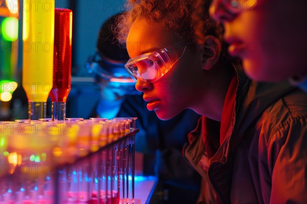 Pupils experimenting in a classroom with safety goggles, chemistry lessons, AI generated, AI generated, AI generated