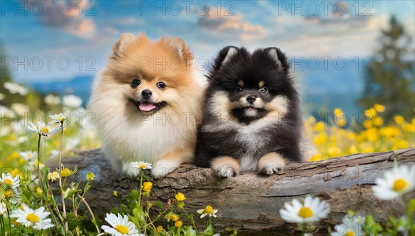 Ai generated, animal, animals, mammal, mammals, a, single animal, dwarf spitz, Spitz, (Canis lupus familiaris), dog, dogs, bitch, Pomeranians, a bitch and a puppy lying on a tree trunk in summer, flower meadow