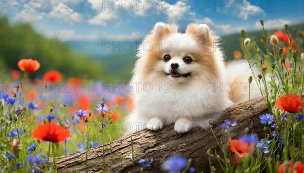 KI generated, animal, animals, mammal, mammals, one, single animal, dwarf spitz, Spitz, (Canis lupus familiaris), dog, dogs, bitch, Pomeranians, puppy, meadow, poppy and cornflowers