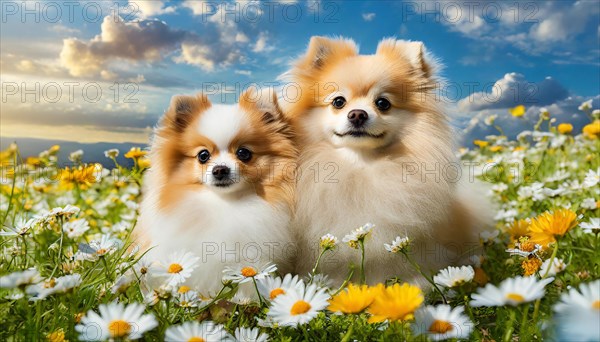 Ai generated, animal, animals, mammal, mammals, a, single animal, dwarf spitz, Spitz, (Canis lupus familiaris), dog, dogs, bitch, Pomeranians, bitch and puppy lying in a flower meadow