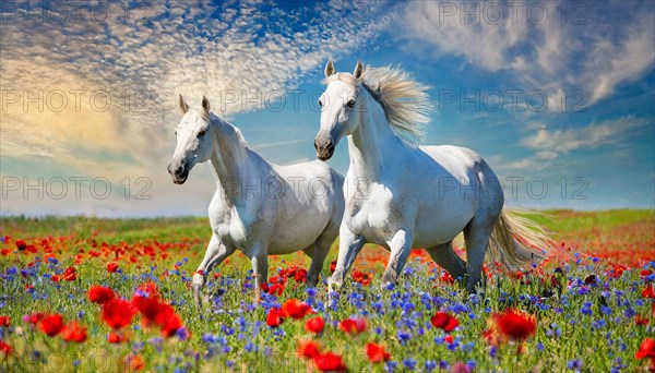 KI generated, A horse, horses, Arabian, in front of a blue sky, thoroughbred Arabian, AV, Arabian thoroughbred, (Eqqus ferus caballus), running in a meadow with colourful flowers