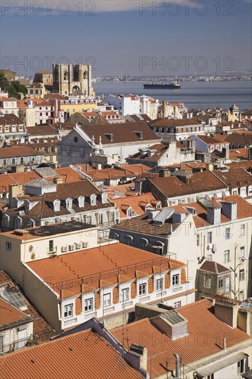 High angle view of buildings with traditional terracotta tiled rooftops in old Lisbon from Santa Justa elevator observation platform, Lisbon, Portugal, Europe