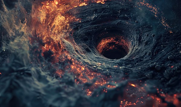 Artistic representation of a black hole, merging elements of fire and ice in a cosmic swirl AI generated