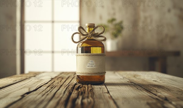 Amber glass bottle mockup containing premium organic oil, beauty care produce background AI generated