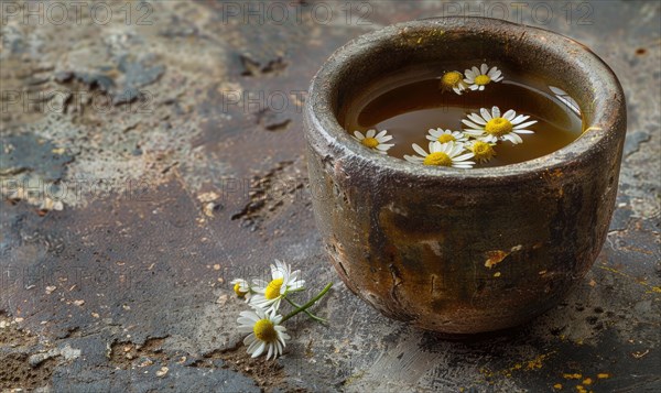 Chamomile tea in a rustic cup, closeup view AI generated