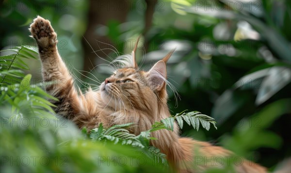 Maine Coon cat stretching gracefully against a backdrop of lush greenery AI generated