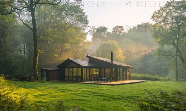 Morning mist enveloping a contemporary wooden cabin hidden deep within a spring garden filled with blooming irises and lilies AI generated