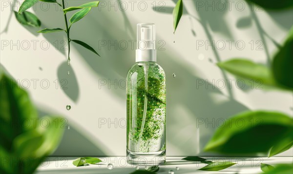 Transparent glass bottle mockup containing a rejuvenating green tea facial mist with a refreshing herbal scent AI generated