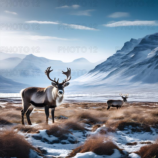 Reindeer grazing svalbards iceberg strewn tundra, AI generated