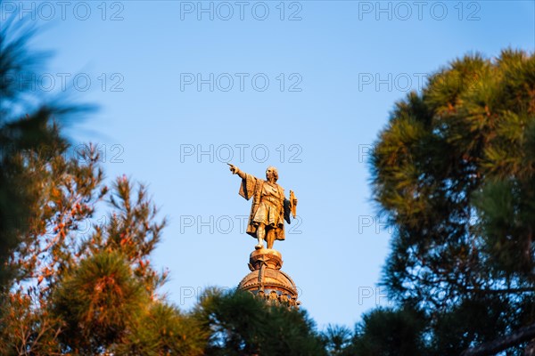 Columbus Column at the end of the Ramblas, Christopher Columbus points towards the New World, Barcelona, Spain, Europe