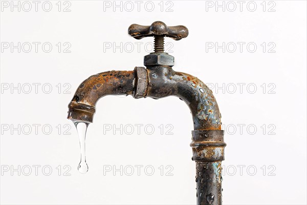 Drop of water coming out of old rusty water tap on white background. KI generiert, generiert, AI generated