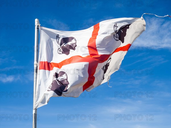 Waving flag of Sardinia, near Olbia, Sardinia, Italy, Europe