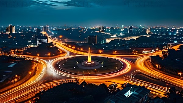 Circular trails of light from car headlights tracing movement around a city monument, AI generated