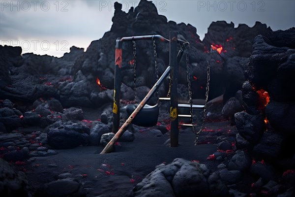 Lava destroying the remnants of a playground swings and slides emerging from hardened lava, AI generated