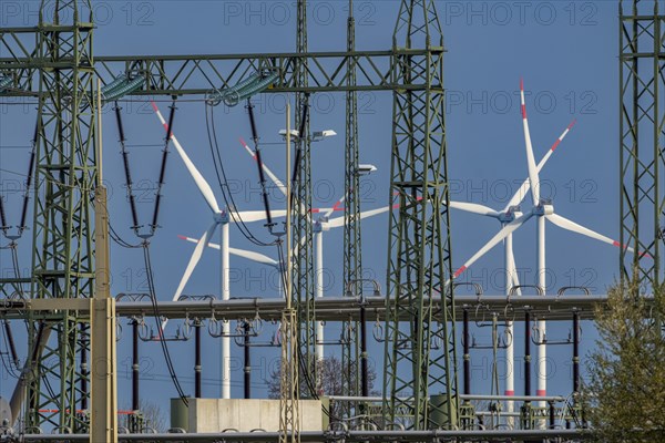 Stendal West substation with wind turbines in the background near Luederitz, Stendal, Saxony-Anhalt, Germany, Europe