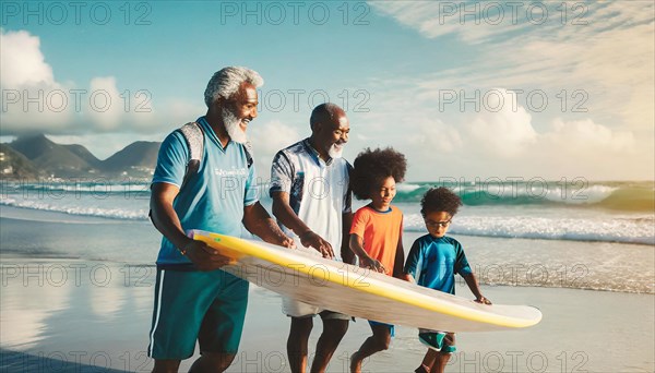 Senior men giving surf lessons to children on a sunny beach with the shimmering sea behind, AI generated