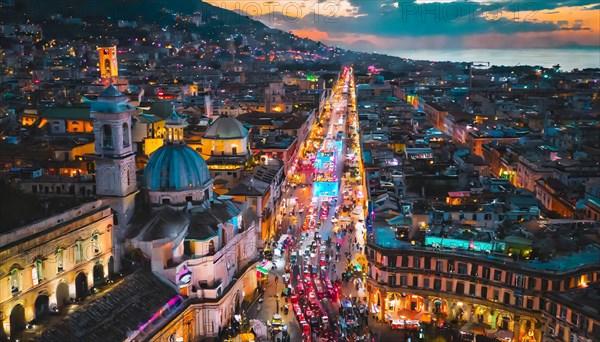 Evening view of a city street with vibrant lights and historic architecture, rush hour commuting time, sunset, blurry cityscape, bokeh effect, AI generated