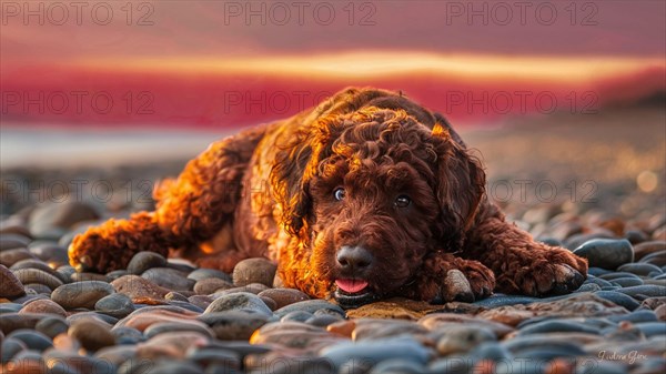 Lovely Dog lying on a pebble beach with a dramatic red sunset sky, AI generated