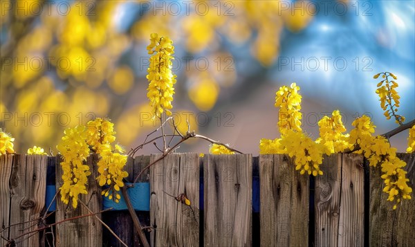 Laburnum branches cascading over a wooden fence AI generated