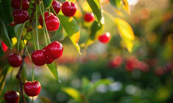 Ripe cherries dangling temptingly from the branches of a cherry tree in a vibrant garden AI generated