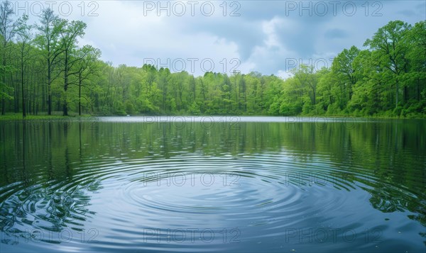 Springtime rain showers creating gentle ripples on the surface of the lake AI generated