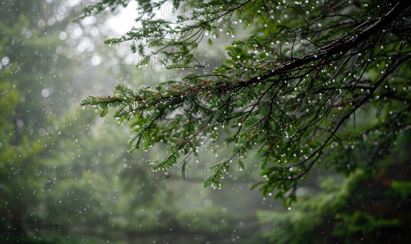 Closeup view on cedar branch in rain drops, bokeh background AI generated