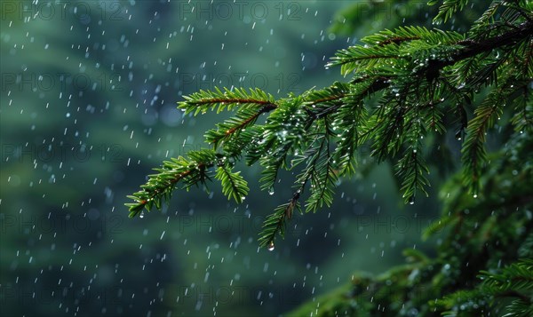 Closeup view on cedar branch in rain drops, bokeh background AI generated