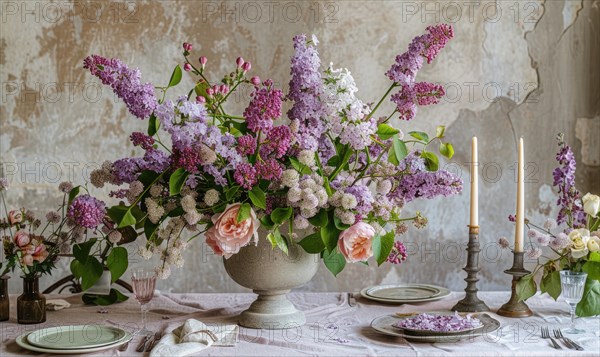 A floral arrangement featuring lilacs and laburnums on a dining table AI generated